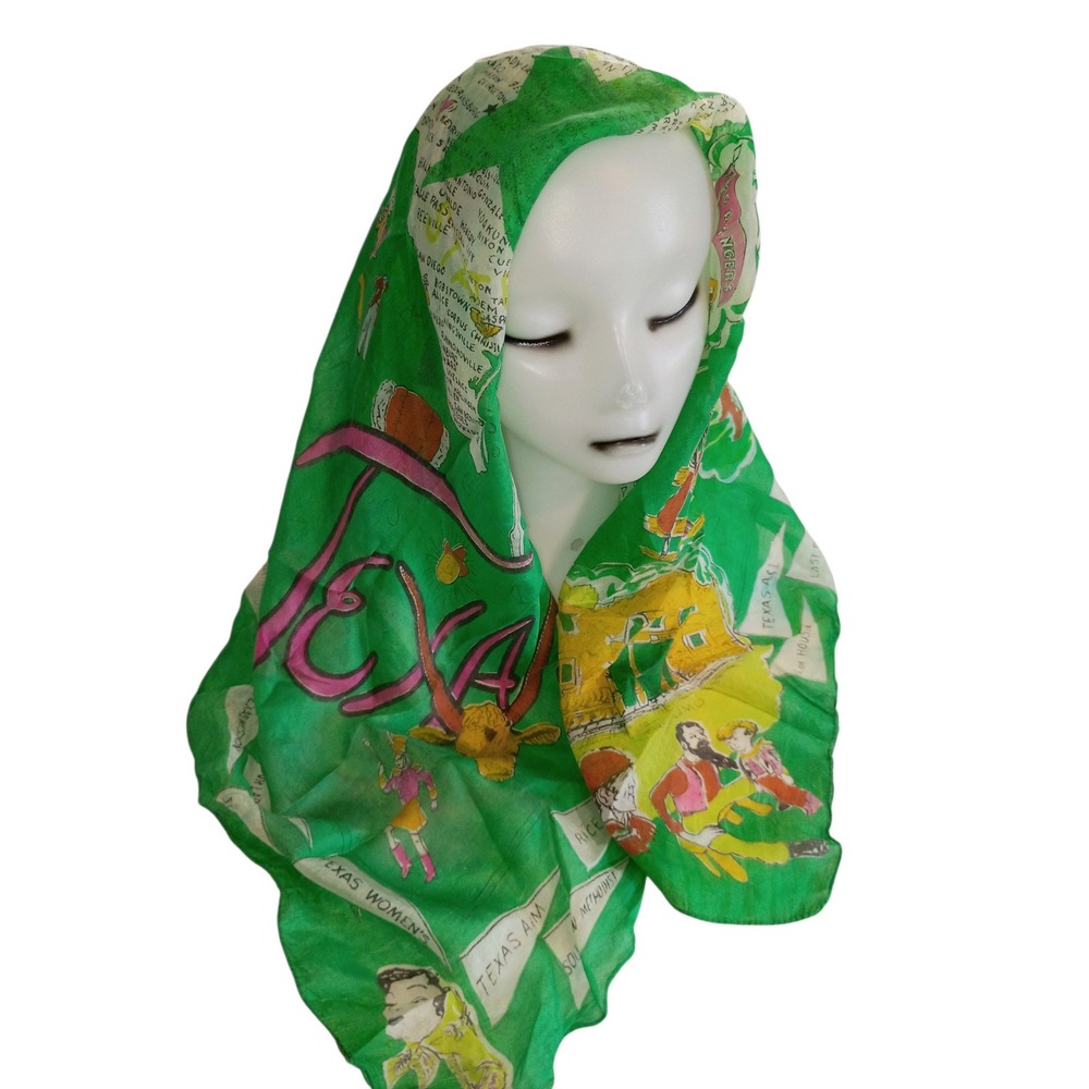 Vintage Texas Souvenir Scarf Silk Green Novelty Map Print Alamo Baylor Austin